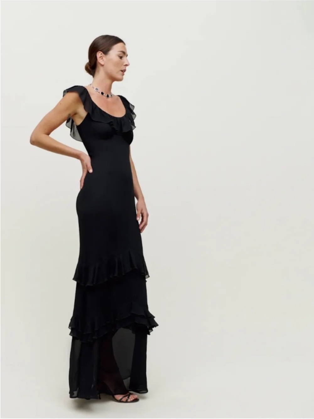 NEW Reformation Tripoli Dress Black Maxi Ruffle Tiered Cap Sleeve Fitted Gown 2 - Picture 5 of 11